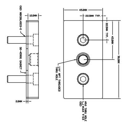 32-459014N-1 MODULAR SOLUTIONS PNEUMATIC PLATE 45MM X 90MM WITH GASKET 1/4 NPT THREADED CENTER THRU HOLE
